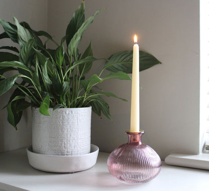 Pink Ribbed Glass Candle Holder