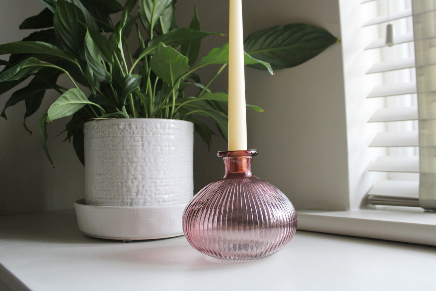 Pink Ribbed Glass Candle Holder