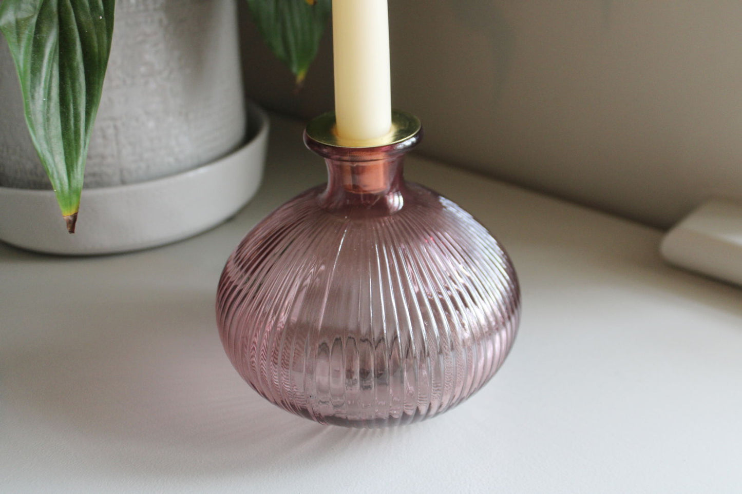 Pink Ribbed Glass Candle Holder