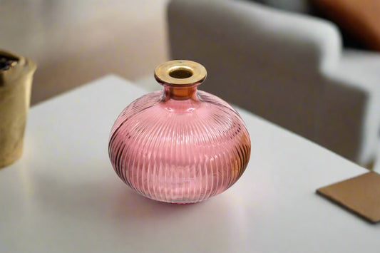Pink Ribbed Glass Candle Holder