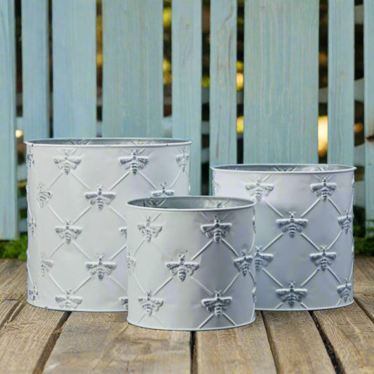 Set of Three White Zinc Bee Planters