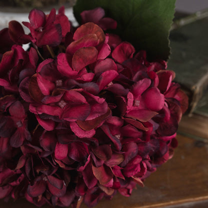 An Autumn Ruby hydrangea bouquet displayed on a wooden surface, showcasing its texture.