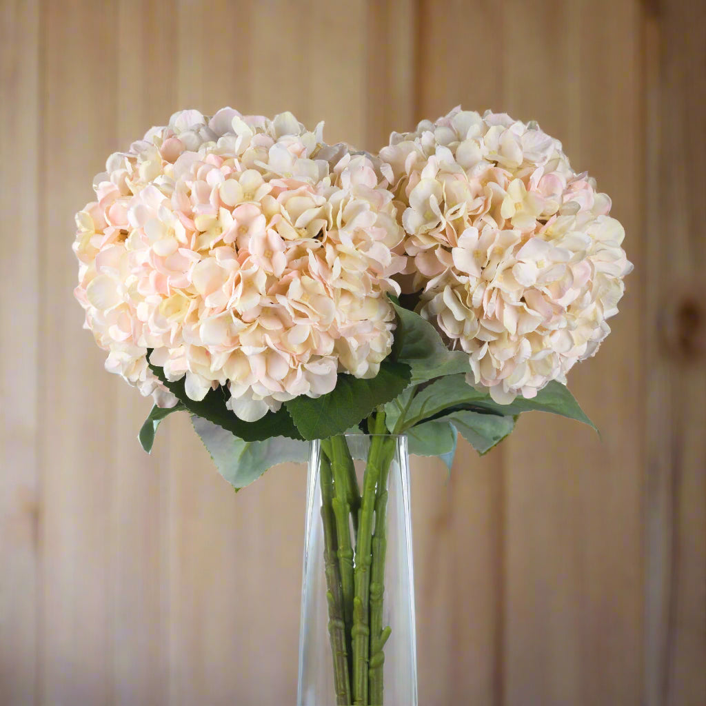 Artificial Autumn White Hydrangea stems arranged in a clear glass vase – ideal for neutral seasonal home styling.