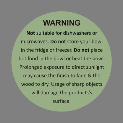 Care label for the black and white flower bowls, detailing maintenance instructions.