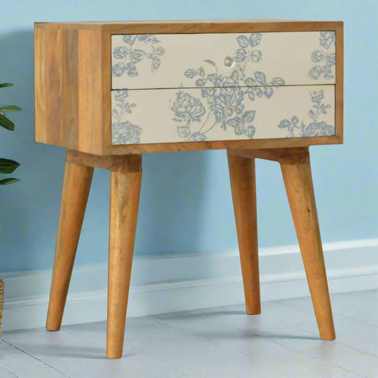 Front left angled view of the Blue Floral Screen Print 2 Drawer Bedside Table, showcasing its two screen-printed drawers.