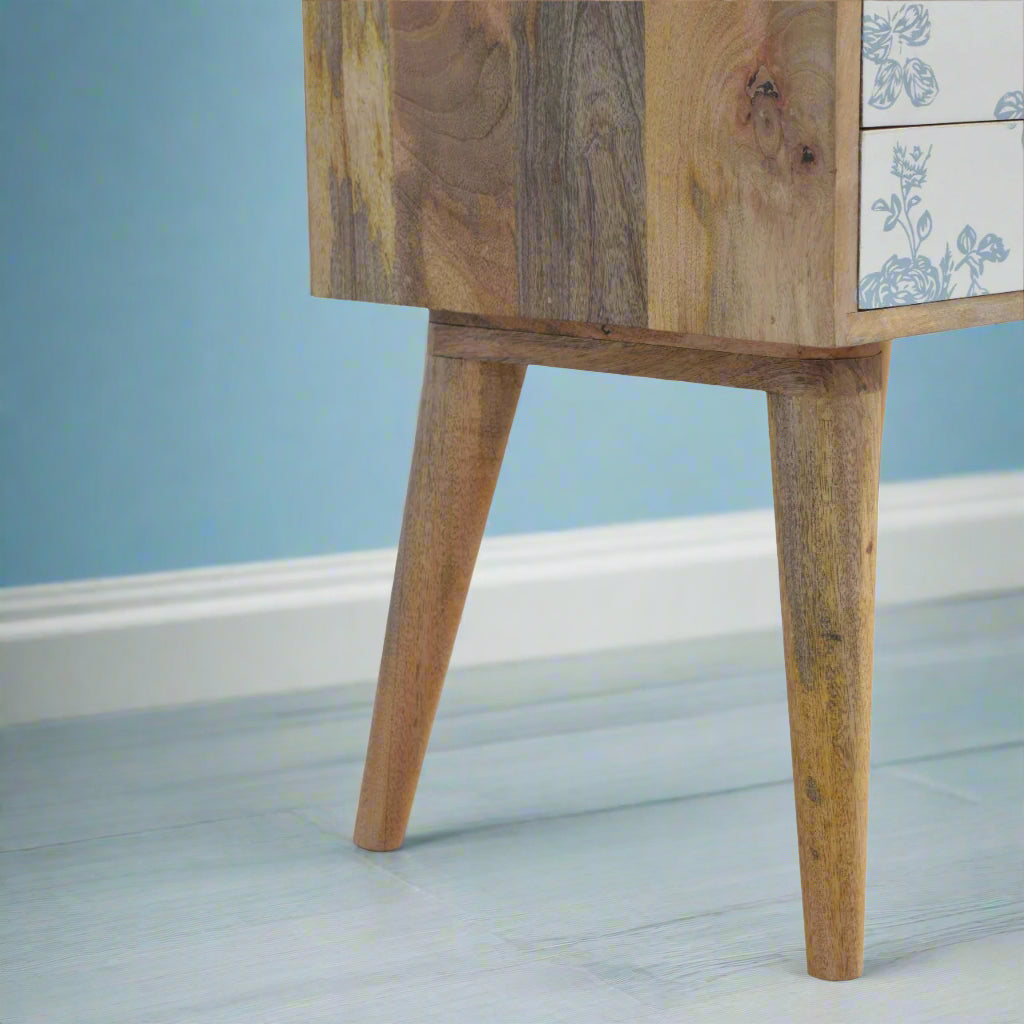 Detail view of the stylish Nordic style legs on the Blue Floral Screen Print Bedside Table.