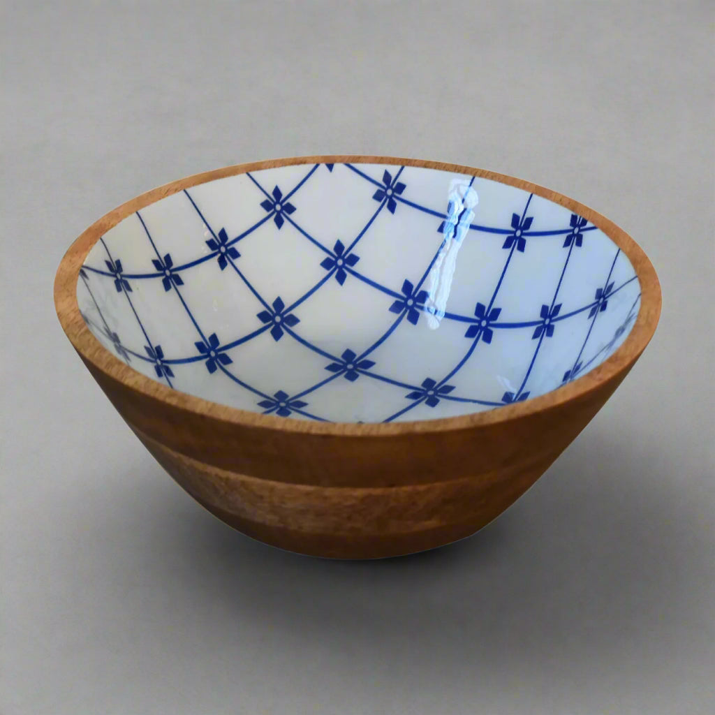 Elevated view focusing on interior blue and white flower design

