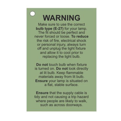 Image of the care label for the Brass Antique Tripod Fold Spotlight Floor Lamp, providing product care and safety instructions.
