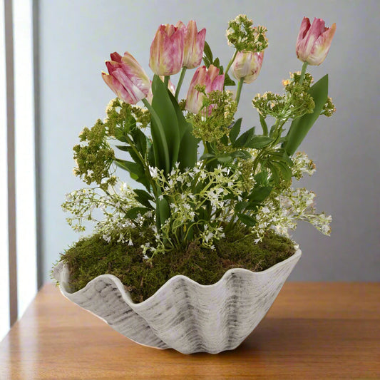 The large 40cm ceramic Adele Shell bowl used to showcase decorative plants.