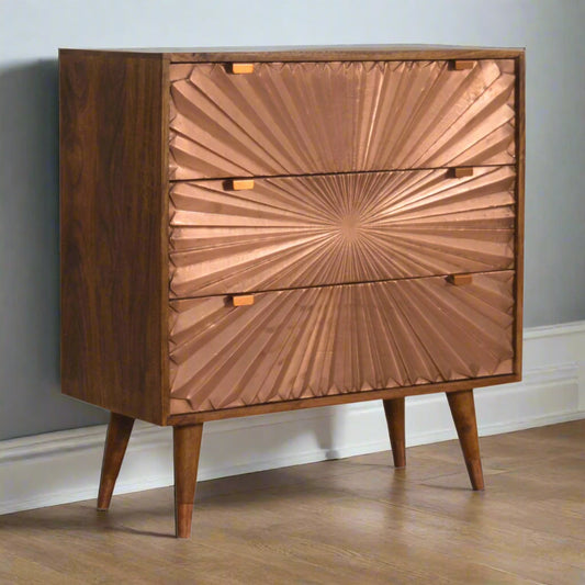 Side angle of Manila copper chest showcasing Nordic feet and natural wood grain.