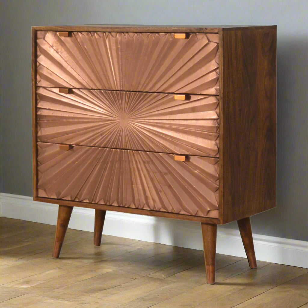 Closer side view of chest highlighting the warm chestnut tone and handcrafted details.