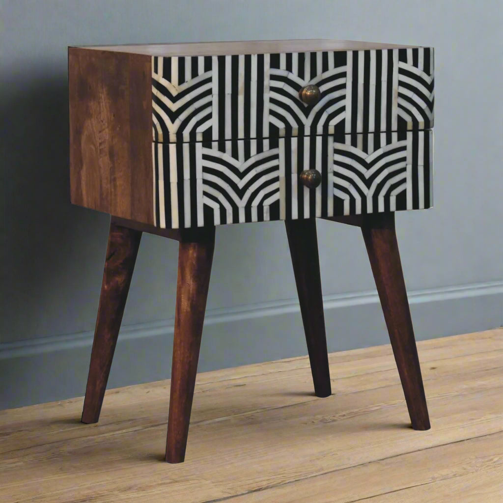 Angled view of the Edessa Bone Inlay 2 Drawer Bedside Table, highlighting its boho design and Nordic style legs.