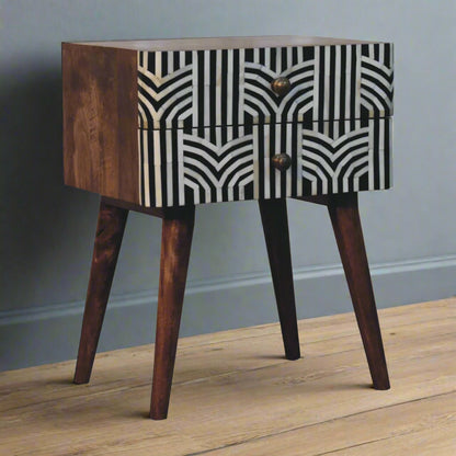 Angled view of the Edessa Bone Inlay 2 Drawer Bedside Table, highlighting its boho design and Nordic style legs.