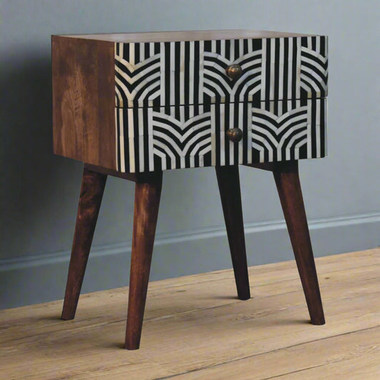 Angled view of the Edessa Bone Inlay 2 Drawer Bedside Table, highlighting its boho design and Nordic style legs.