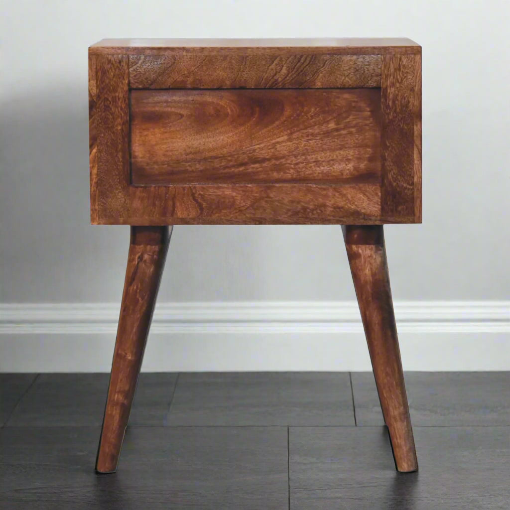 Back view of the Edessa Bone Inlay 2 Drawer Bedside Table, showing the honey caramel finish and sturdy construction from behind.