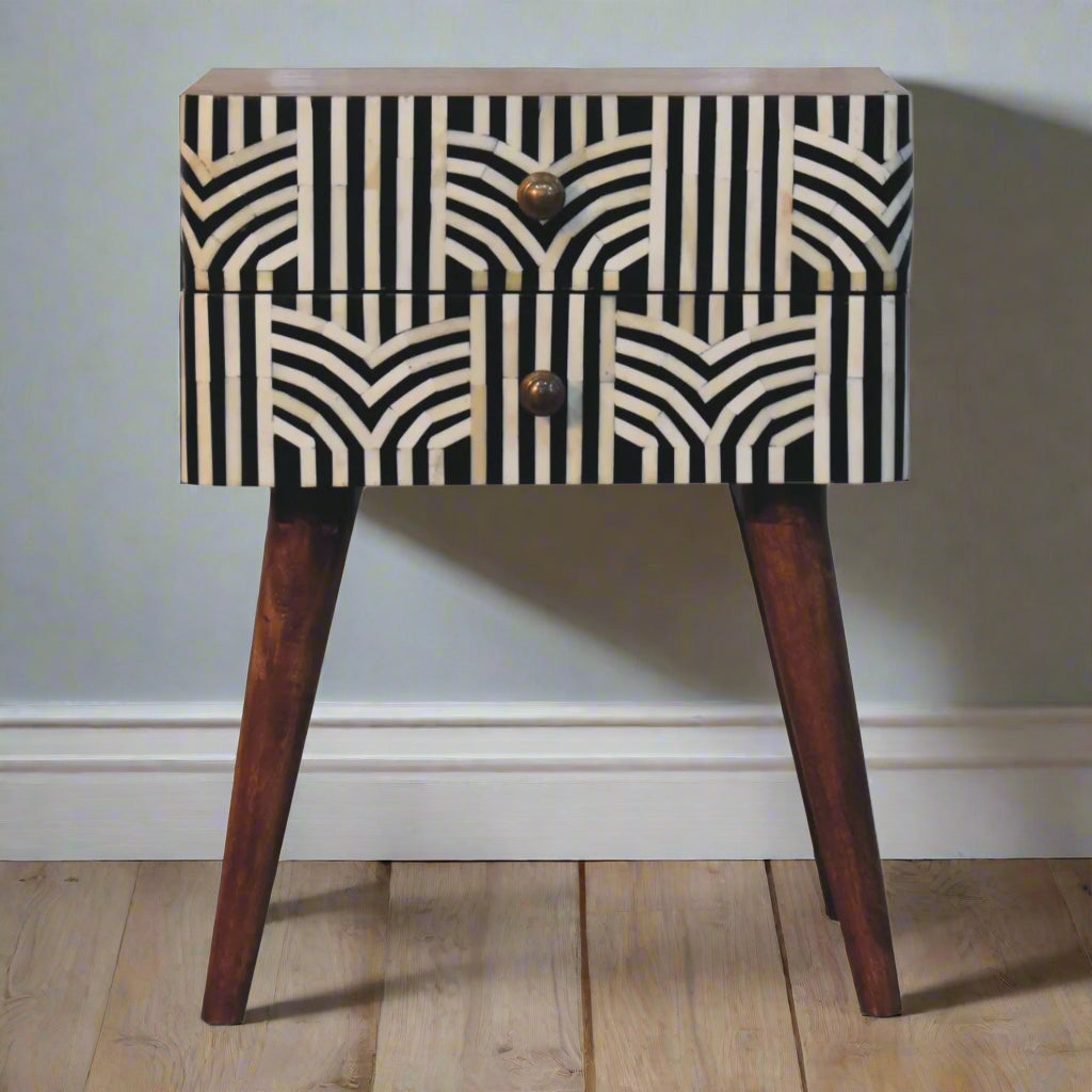 Edessa Bone Inlay 2 Drawer Bedside Table in honey caramel finish, full front view, showcasing geometric bone inlay drawers.
