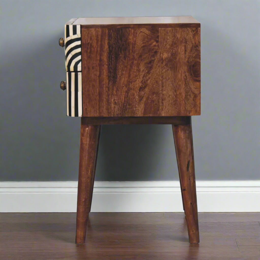 Full side view of the Edessa Bone Inlay 2 Drawer Bedside Table, showcasing its profile and solid mango wood construction.