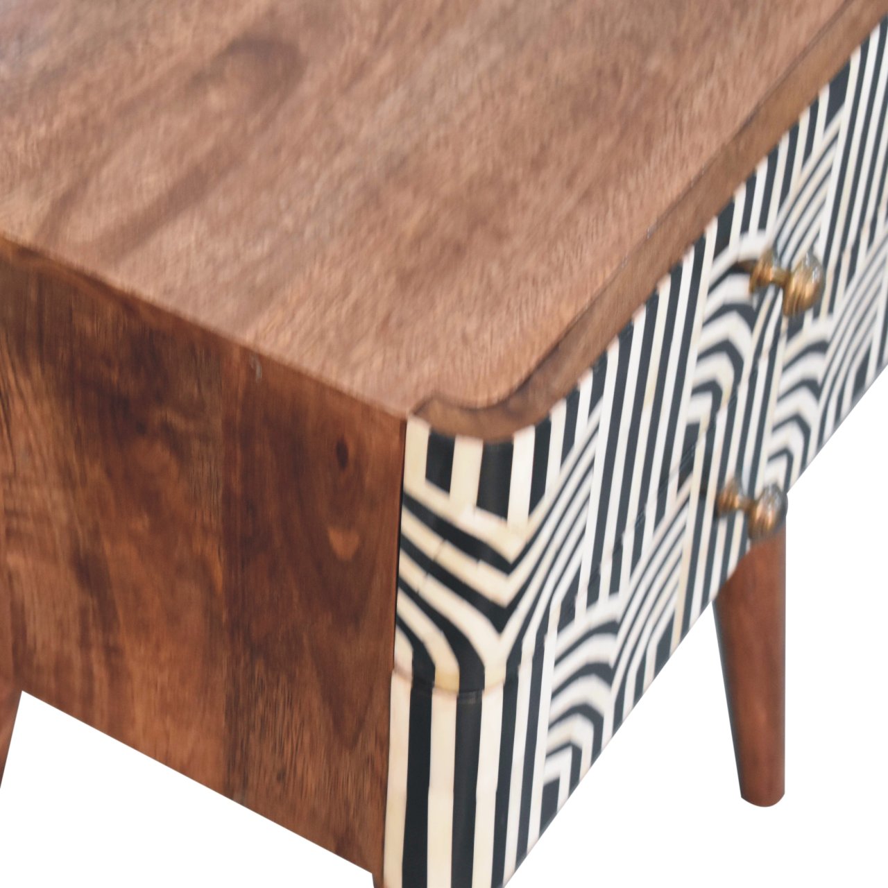 Top-down view of the Edessa Bone Inlay 2 Drawer Bedside Table from the side, showing its top surface, side profile, and front bone inlay pattern.