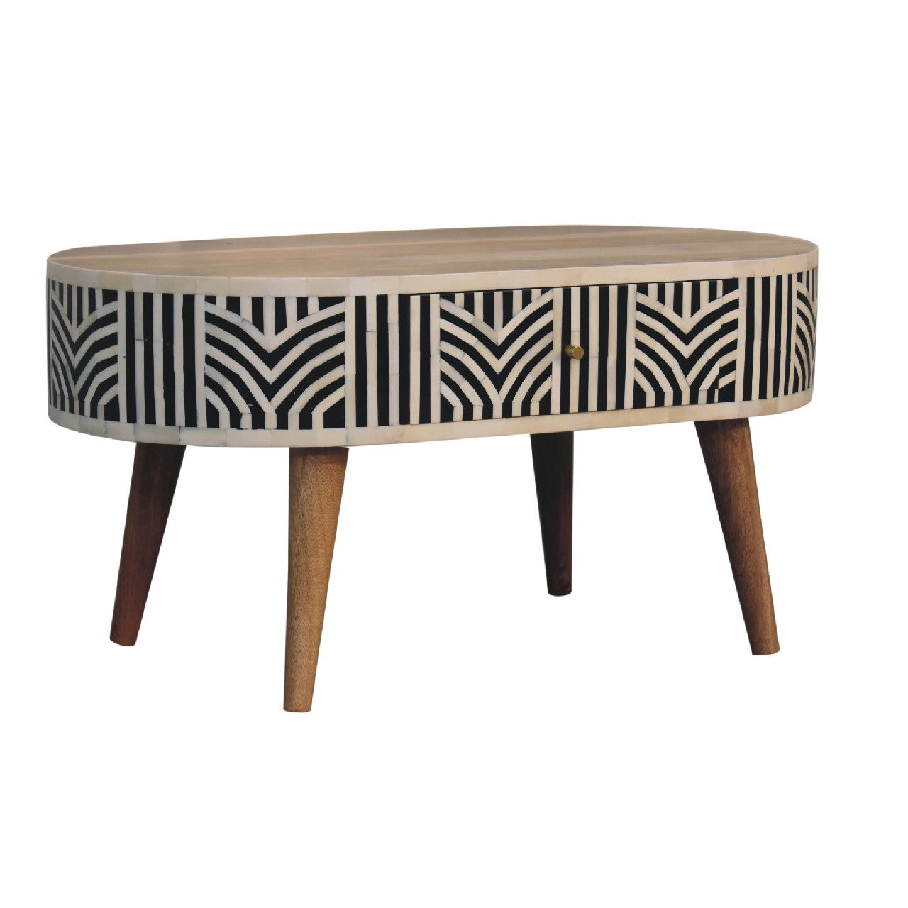 Angled view of the Edessa Bone Inlay Drawer Coffee Table against a bright white background, emphasizing its design.