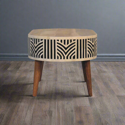 Side view of the entire Edessa Bone Inlay Drawer Coffee Table, showing its full profile and sturdy construction.
