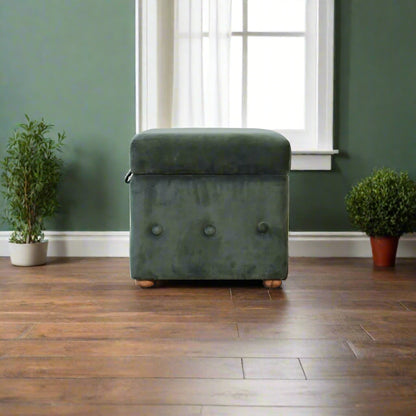Side profile of emerald green cotton velvet ottoman with deep button design and wooden base – Purple Flamingo UK