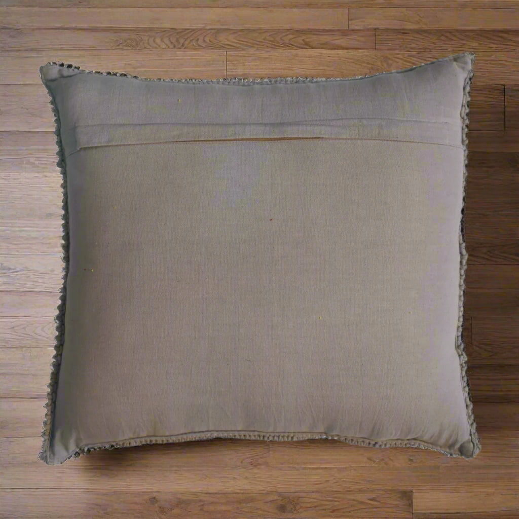 Rear panel of grey Esmi cushion showing smooth underside and stitching details – Purple Flamingo UK