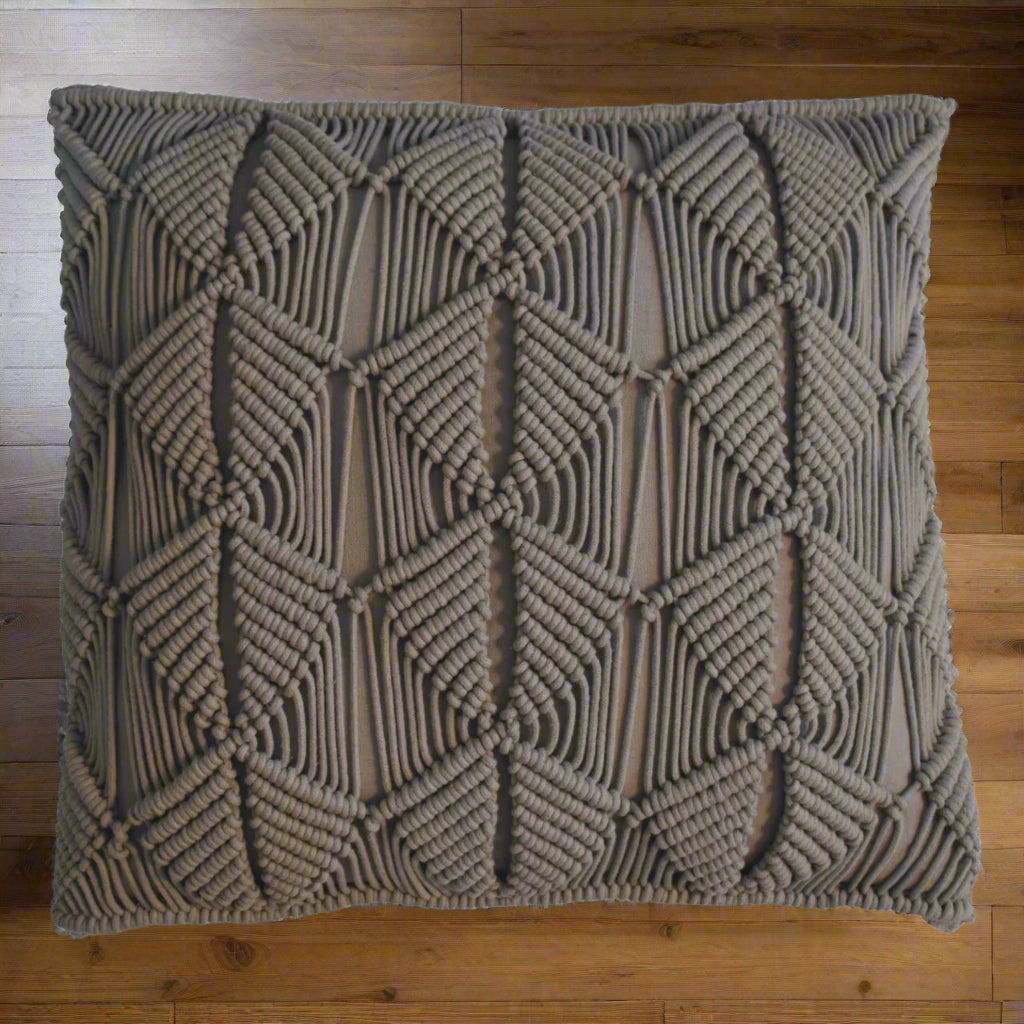 Detailed view of the front woven texture on the grey Esmi cushion – handcrafted fabric – Purple Flamingo UK