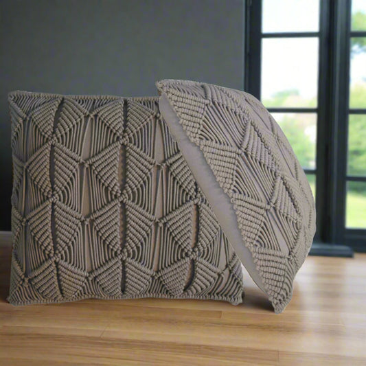 Set of 2 Esmi cushions in grey with hand-woven design, handcrafted for plush comfort and style, perfect for modern and classic home décor.