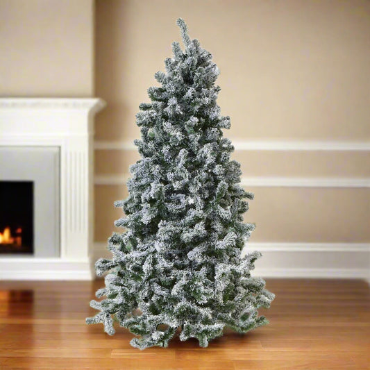 An extra large artificial snowy spruce Christmas tree, 210cm tall, with heavily frosted branches, designed as a stunning festive centrepiece for homes or retail.