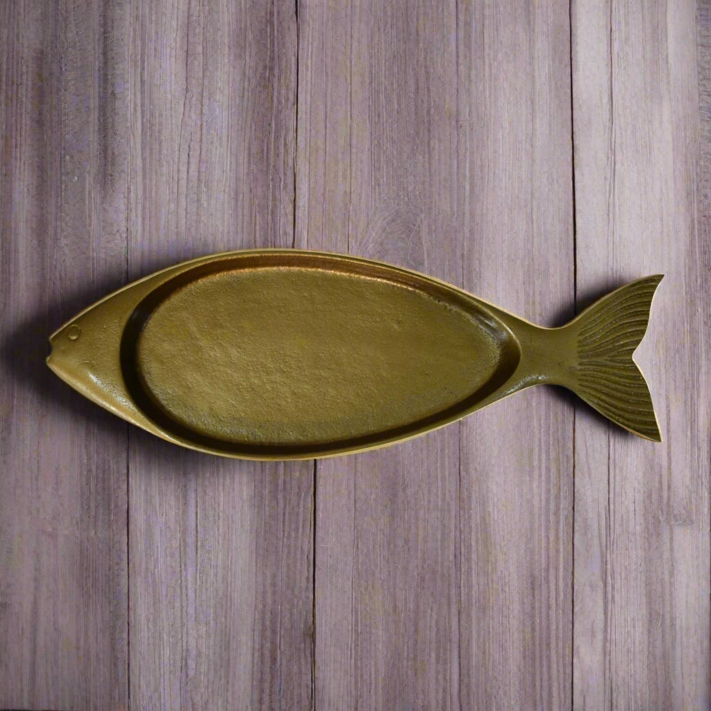 Top-down view of the full fish tray showing detailed shape and antique brass finish.