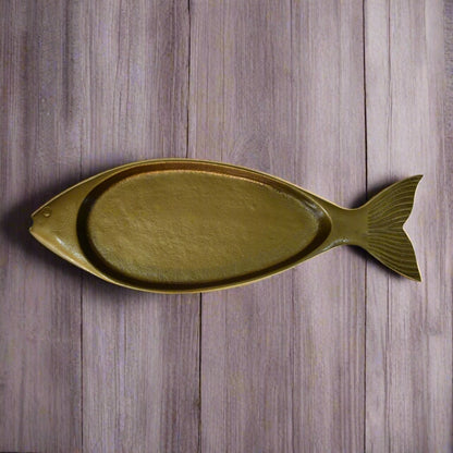Top-down view of the full fish tray showing detailed shape and antique brass finish.