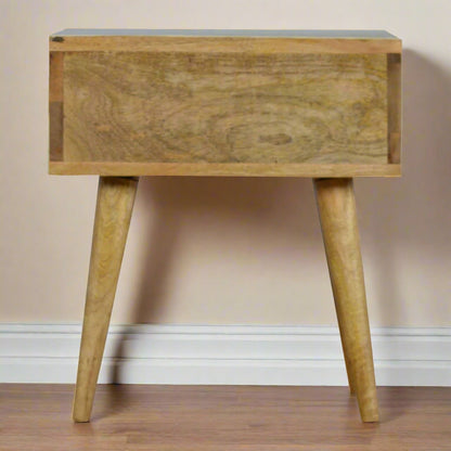 Back view of the Floral Bone Inlay 1 Drawer Bedside Table in grey, showcasing the floral pattern and Nordic style legs.