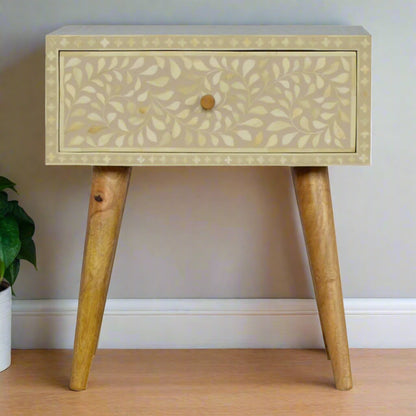 Front view of the Floral Bone Inlay 1 Drawer Bedside Table in grey, showcasing the floral pattern and Nordic style legs.