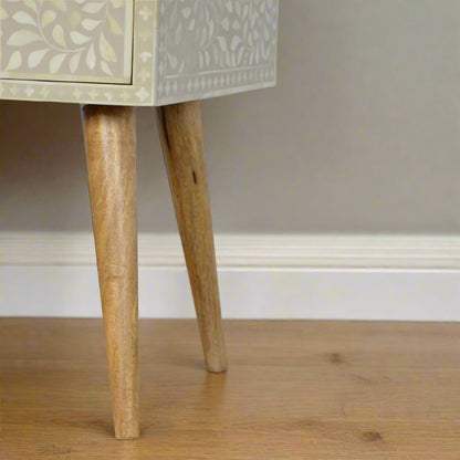 Closer view of the Nordic style legs of the Floral Bone Inlay 1 Drawer Bedside Table in grey, emphasizing their design and sturdy construction.