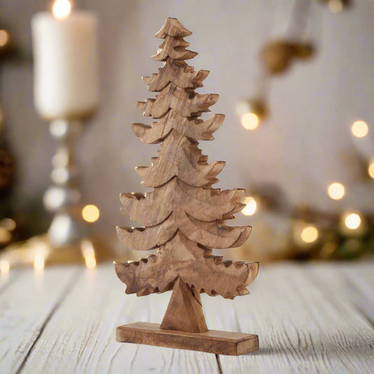 Free standing wooden tree decoration, full view displaying the rustic carved branches. Shop at Purple Flamingo UKstic