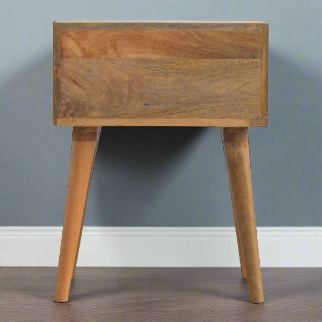 Back view of the Green Floral Screen Printed 2 Drawer Bedside Table, showing the solid mango wood construction from the rear.

