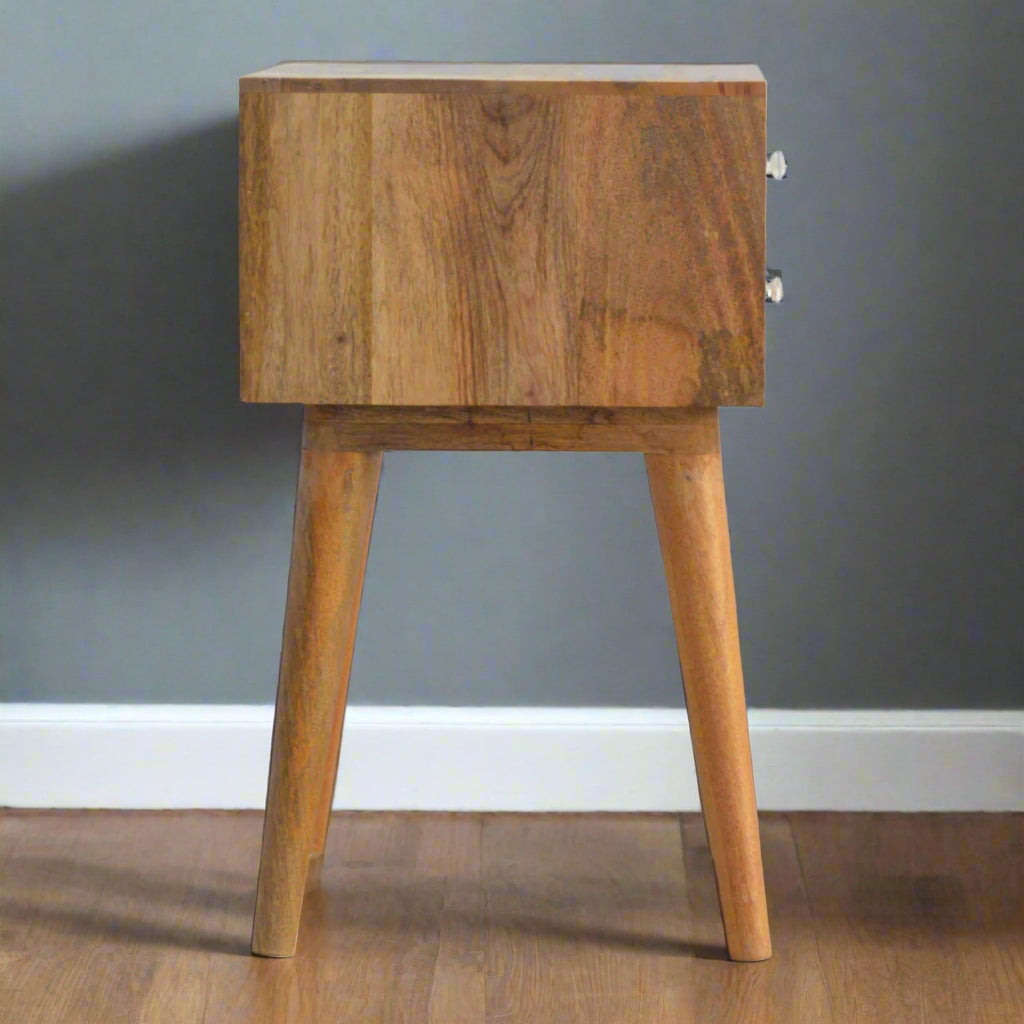 Side view of the Green Floral Screen Printed 2 Drawer Bedside Table, showing the solid mango wood construction from the rear.
