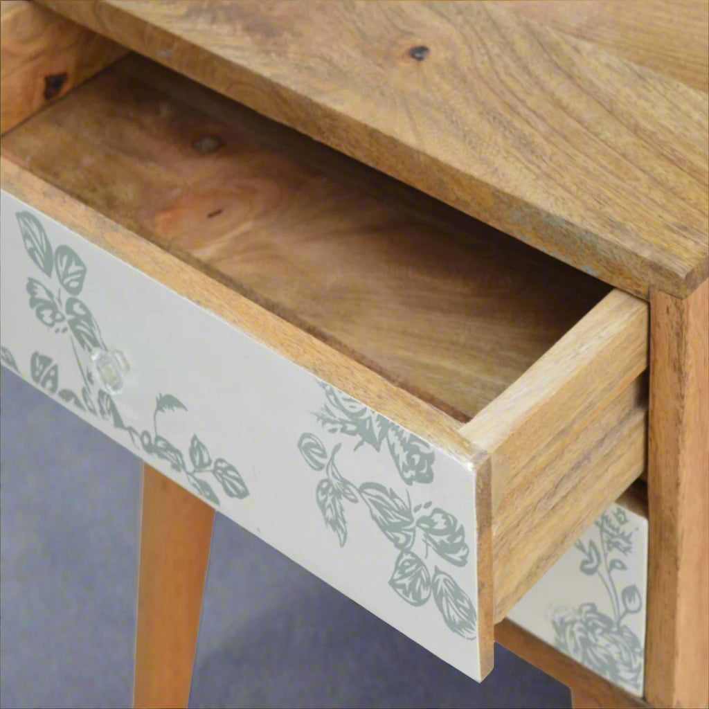 Top-down view of the Green Floral Screen Printed 2 Drawer Bedside Table with one drawer pulled out, revealing interior storage.