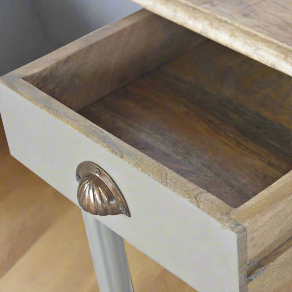 Top-down view of the Hand Painted Desk with the drawer pulled out, illustrating its ample storage space and featuring the decorative shell handle.