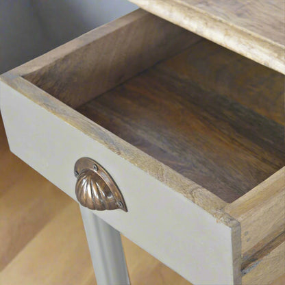 Top-down view of the Hand Painted Desk with the drawer pulled out, illustrating its ample storage space and featuring the decorative shell handle.