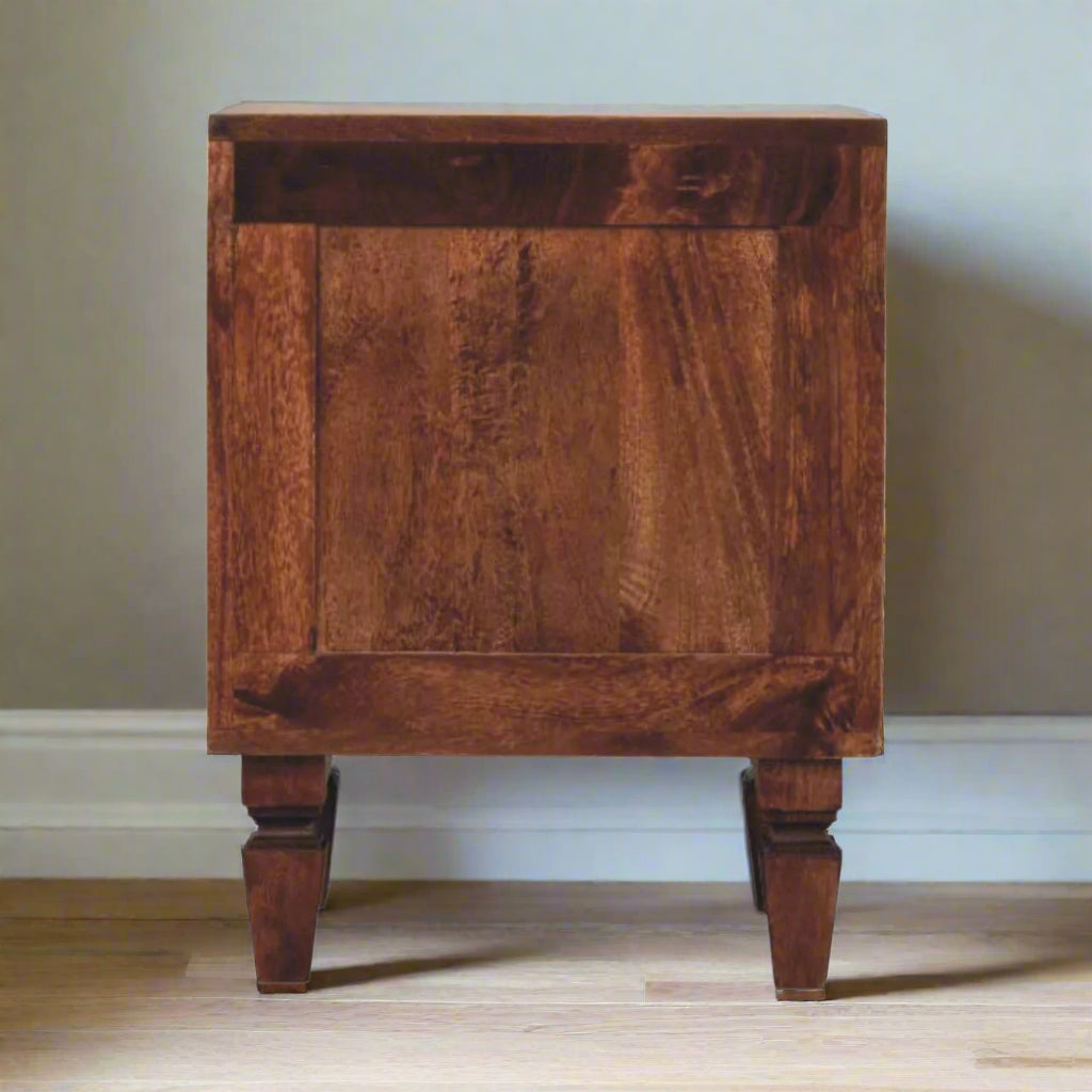 Back view of the Harper bedside table, with amber oak finish, highlighting the carved legs and study solid wood frame.
