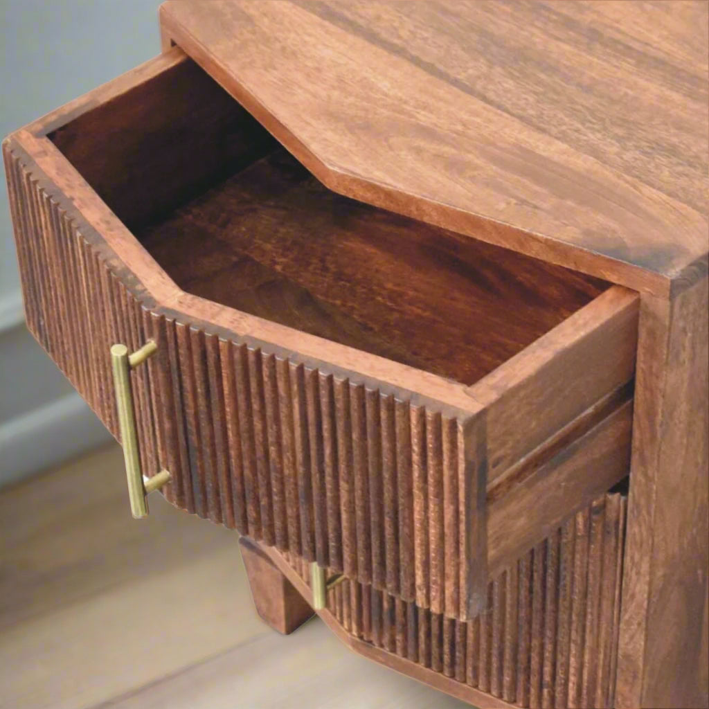 harper bedside table, with amber oak finish, showing close up of open top drawer with brass handle.