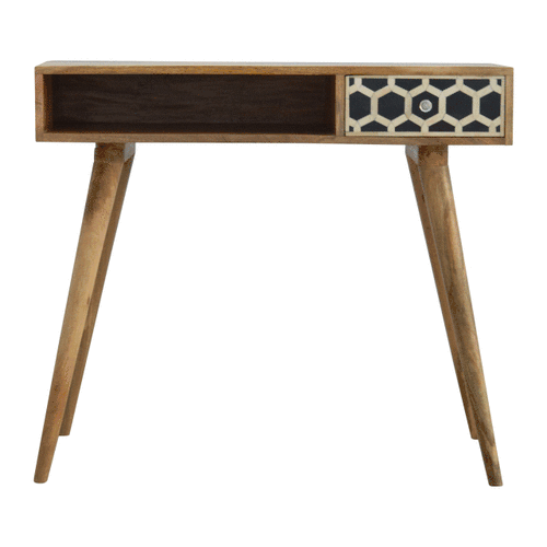 Animated GIF showcasing the Honeycomb Bone Inlay Desk from all angles, providing a comprehensive 360-degree view of its design and features.