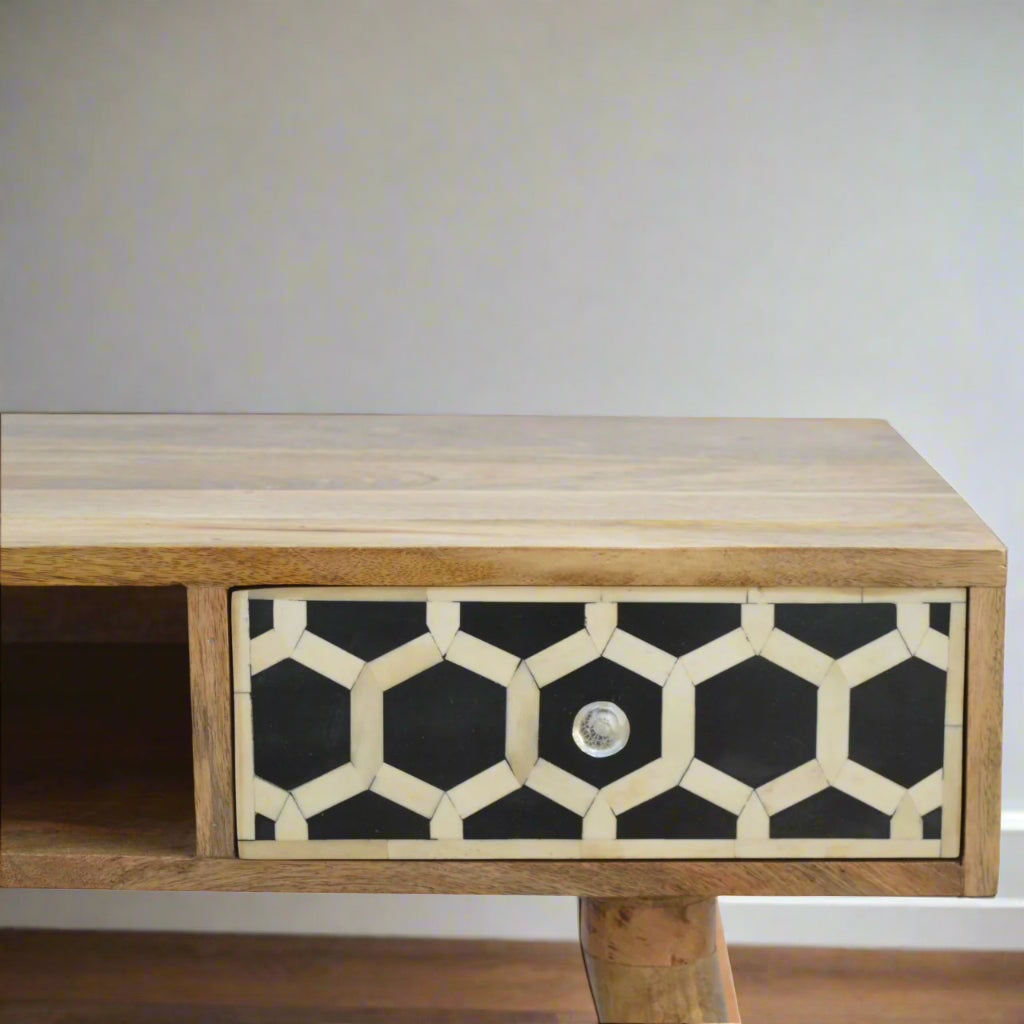 Front focused view of the drawer of the Honeycomb Bone Inlay Desk, highlighting its intricate honeycomb pattern and the drawer knob.