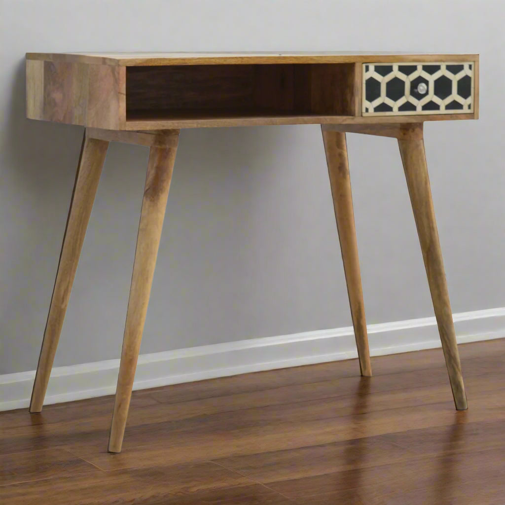 Front view of the Honeycomb Bone Inlay Desk presented against a clean white background, highlighting its design.