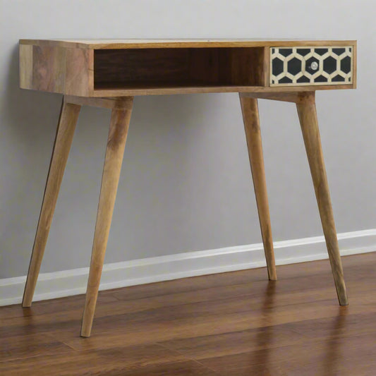 Front view of the Honeycomb Bone Inlay Desk presented against a clean white background, highlighting its design.