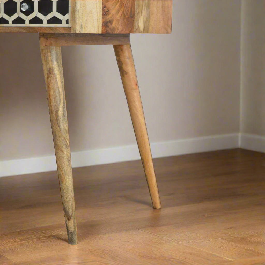 Front view focusing on the Nordic style legs of the Honeycomb Bone Inlay Desk, emphasizing their elegant design.