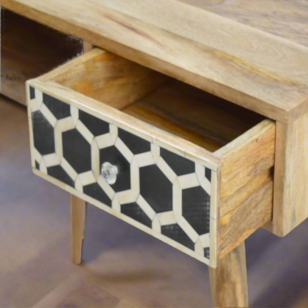 Top-down view of the Honeycomb Bone Inlay Desk with a drawer pulled out, illustrating its ample storage space.