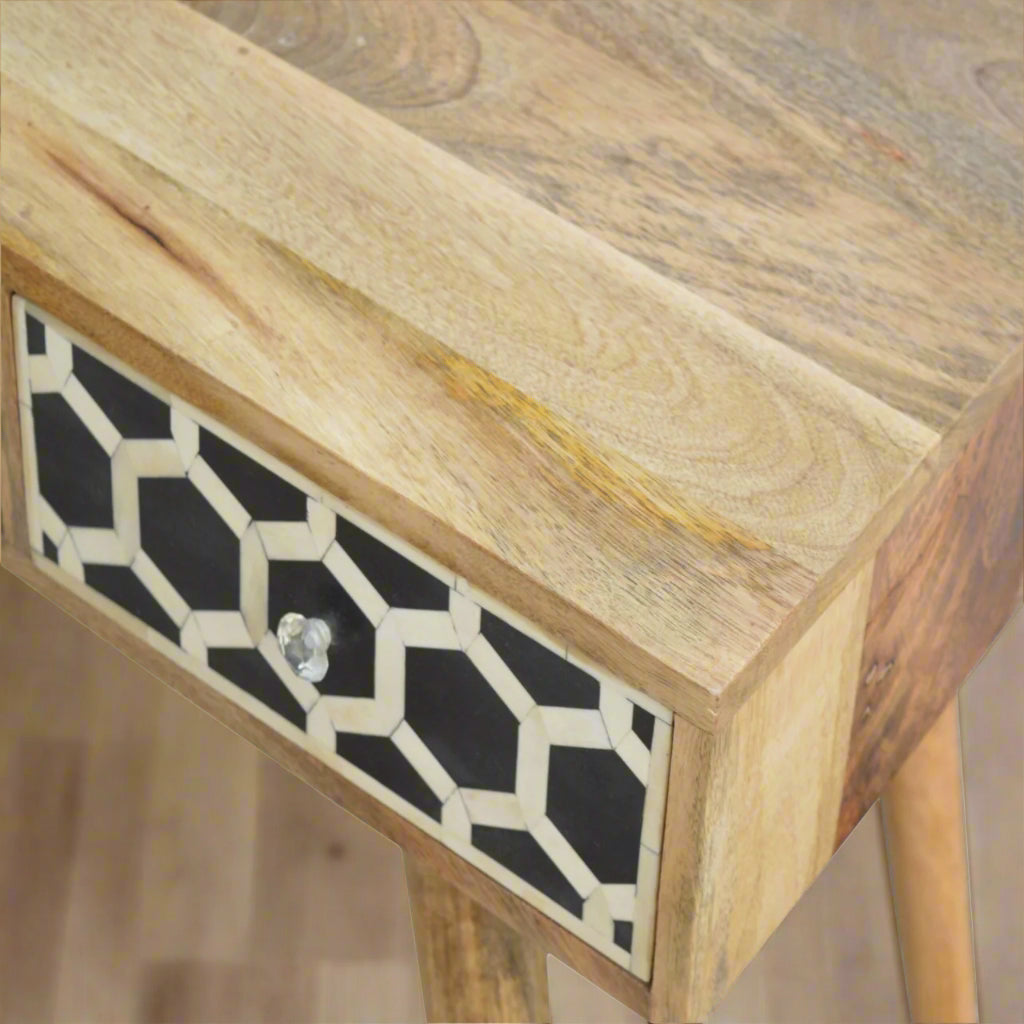 Top-down view of the left edge of the Honeycomb Bone Inlay Desk, showing the wooden pattern on the top surface and the honeycomb bone inlay on the drawer front with its knob.
