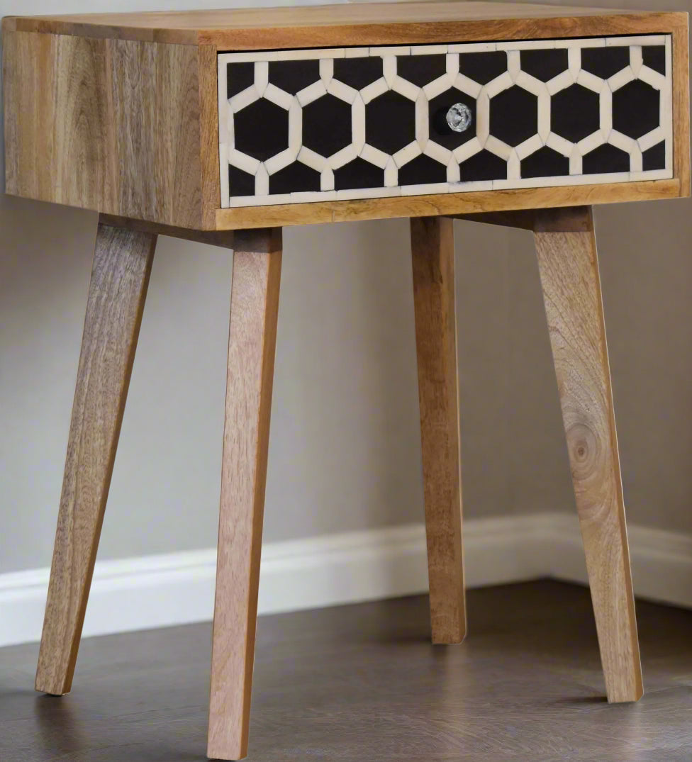 Angled view of the Honeycomb Bone Inlay Tapered Bedside Table, highlighting its modern design and oak-ish finish.